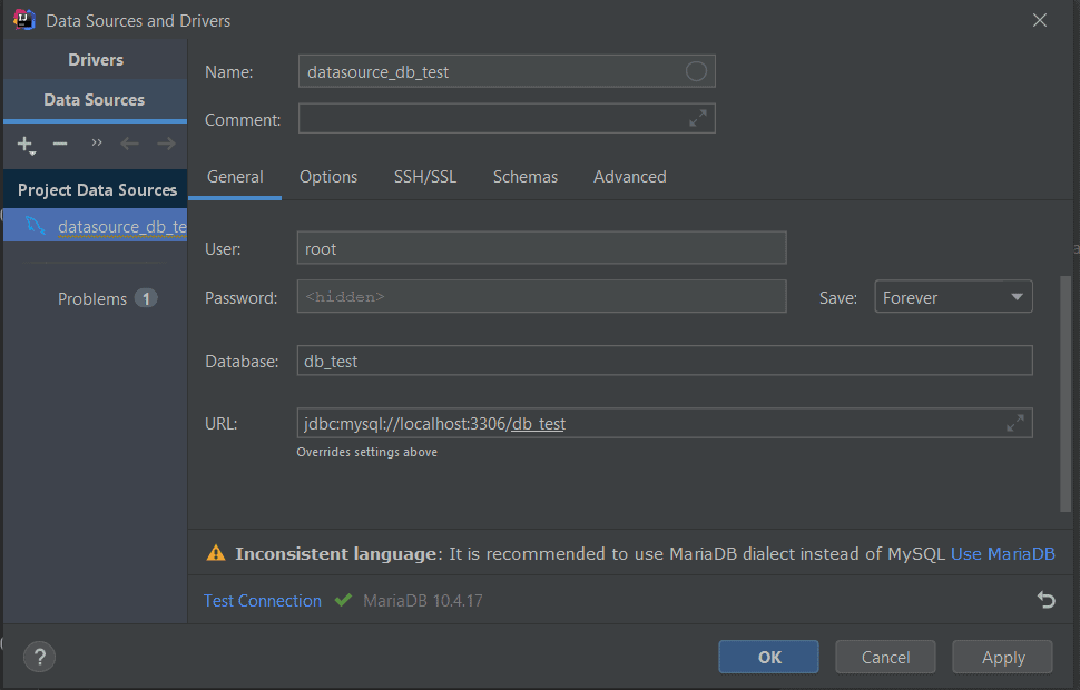connexion base de données intellij