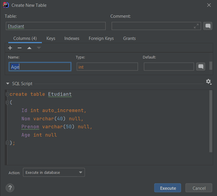 création table intellij