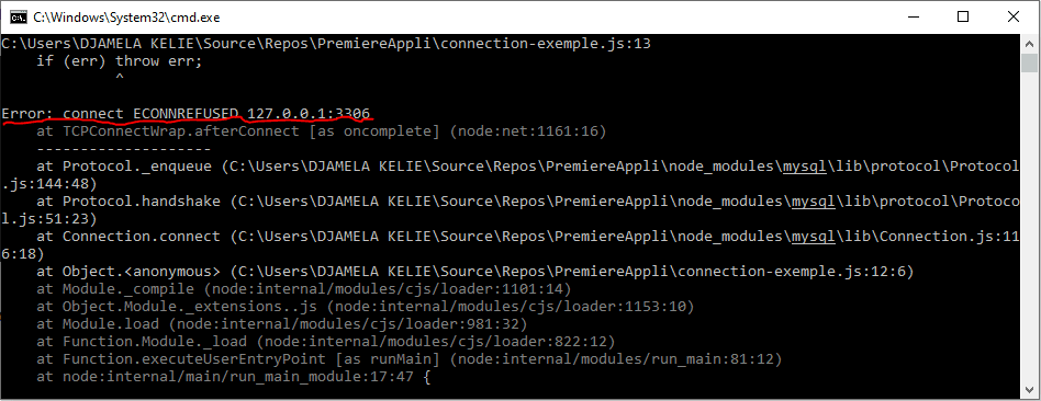 erreur execution mysql node js